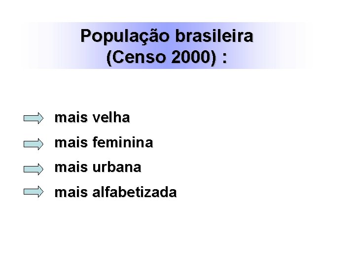 População brasileira (Censo 2000) : mais velha mais feminina mais urbana mais alfabetizada 