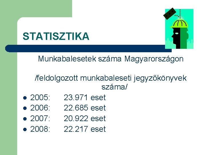 STATISZTIKA Munkabalesetek száma Magyarországon l l /feldolgozott munkabaleseti jegyzőkönyvek száma/ 2005: 23. 971 eset