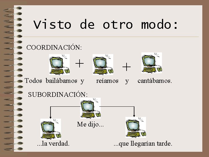 Visto de otro modo: COORDINACIÓN: + Todos bailábamos y + reíamos y cantábamos. SUBORDINACIÓN: