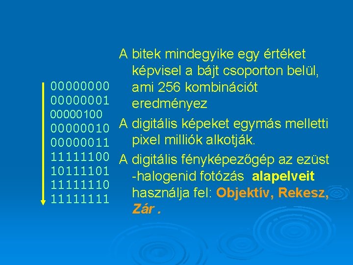 00000001 00000100 00000011 11111100 10111101 11111110 1111 A bitek mindegyike egy értéket képvisel a
