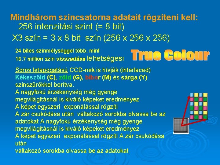 Mindhárom színcsatorna adatait rögzíteni kell: 256 intenzitási szint (= 8 bit) X 3 szín