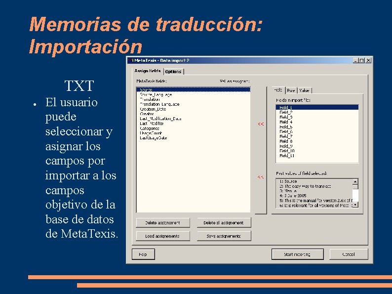 Memorias de traducción: Importación TXT ● El usuario puede seleccionar y asignar los campos