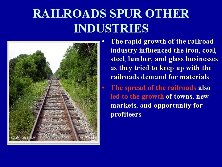 RAILROADS SPUR OTHER INDUSTRIES • The rapid growth of the railroad industry influenced the
