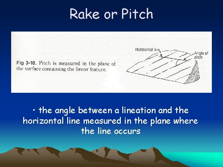 Rake or Pitch • the angle between a lineation and the horizontal line measured