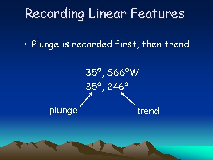 Recording Linear Features • Plunge is recorded first, then trend 35º, S 66ºW 35º,