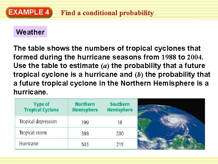 EXAMPLE 4 Find a conditional probability Weather The table shows the numbers of tropical