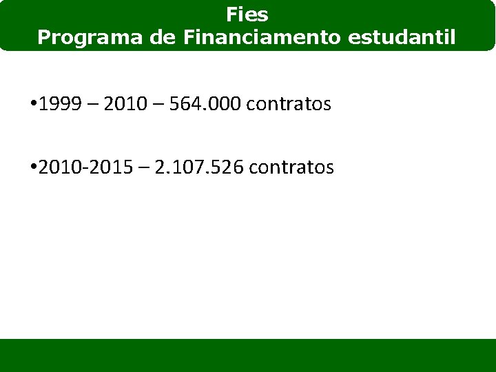 Fies Programa de Financiamento estudantil • 1999 – 2010 – 564. 000 contratos •