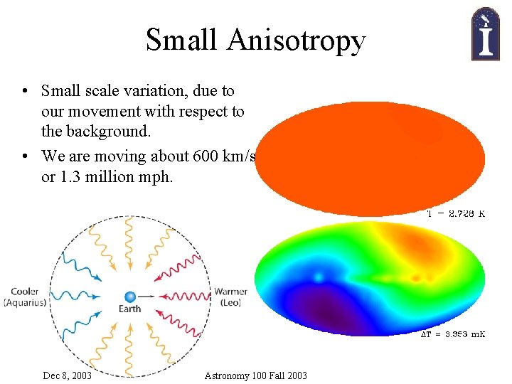 Small Anisotropy • Small scale variation, due to our movement with respect to the