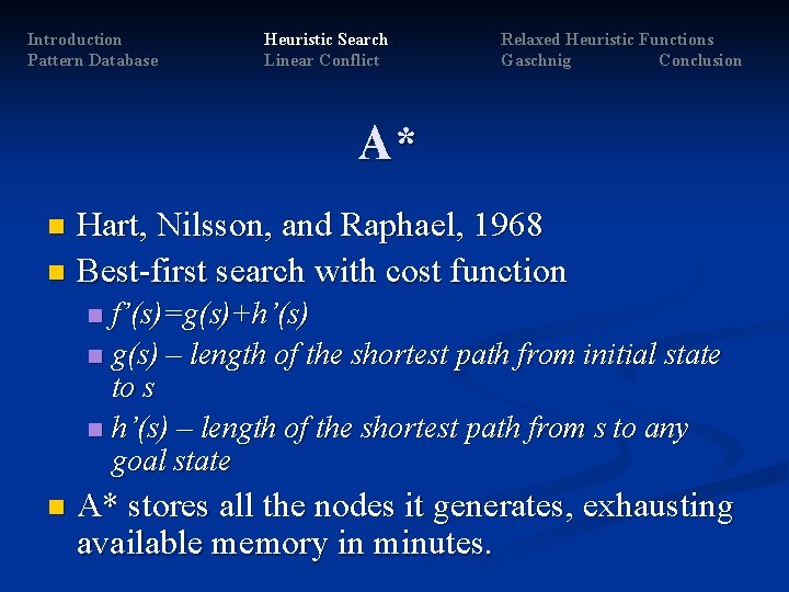 Introduction Pattern Database Heuristic Search Linear Conflict Relaxed Heuristic Functions Gaschnig Conclusion A* Hart, Introduction Pattern Database Heuristic Search Linear Conflict Relaxed Heuristic Functions Gaschnig Conclusion A* Hart,
