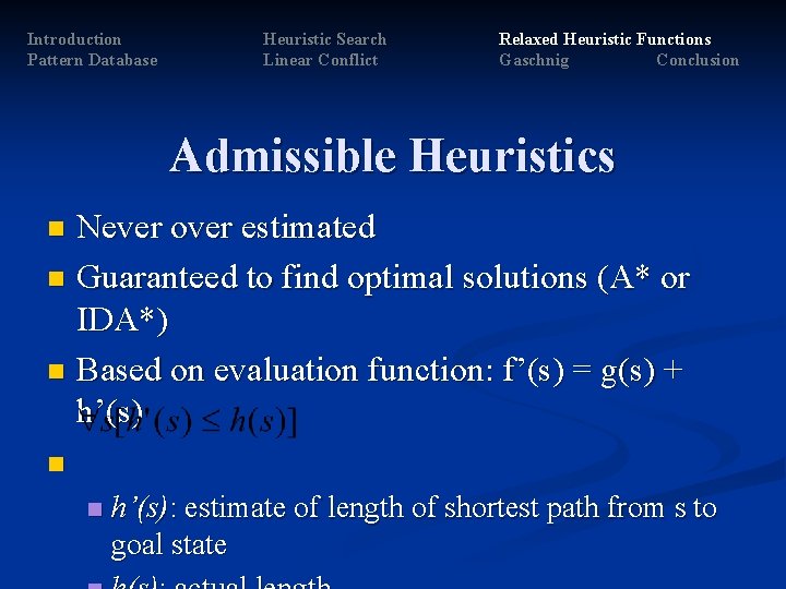 Introduction Pattern Database Heuristic Search Linear Conflict Relaxed Heuristic Functions Gaschnig Conclusion Admissible Heuristics Introduction Pattern Database Heuristic Search Linear Conflict Relaxed Heuristic Functions Gaschnig Conclusion Admissible Heuristics