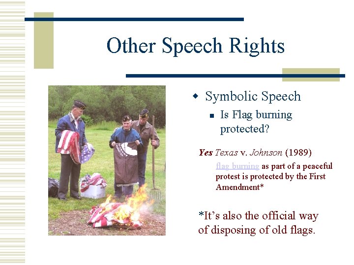 Other Speech Rights Symbolic Speech Is Flag burning protected? Yes Texas v. Johnson (1989)