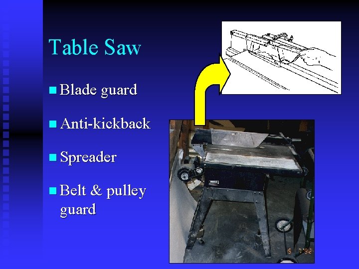 Table Saw n Blade guard n Anti-kickback n Spreader n Belt & pulley guard Table Saw n Blade guard n Anti-kickback n Spreader n Belt & pulley guard