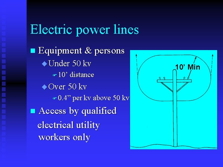 Electric power lines n Equipment & persons u Under 50 kv F 10’ distance Electric power lines n Equipment & persons u Under 50 kv F 10’ distance