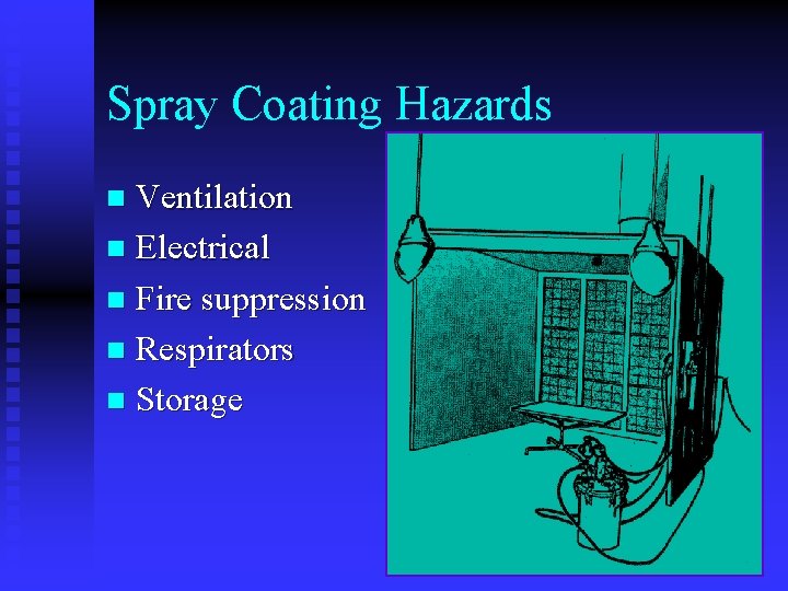 Spray Coating Hazards Ventilation n Electrical n Fire suppression n Respirators n Storage n Spray Coating Hazards Ventilation n Electrical n Fire suppression n Respirators n Storage n