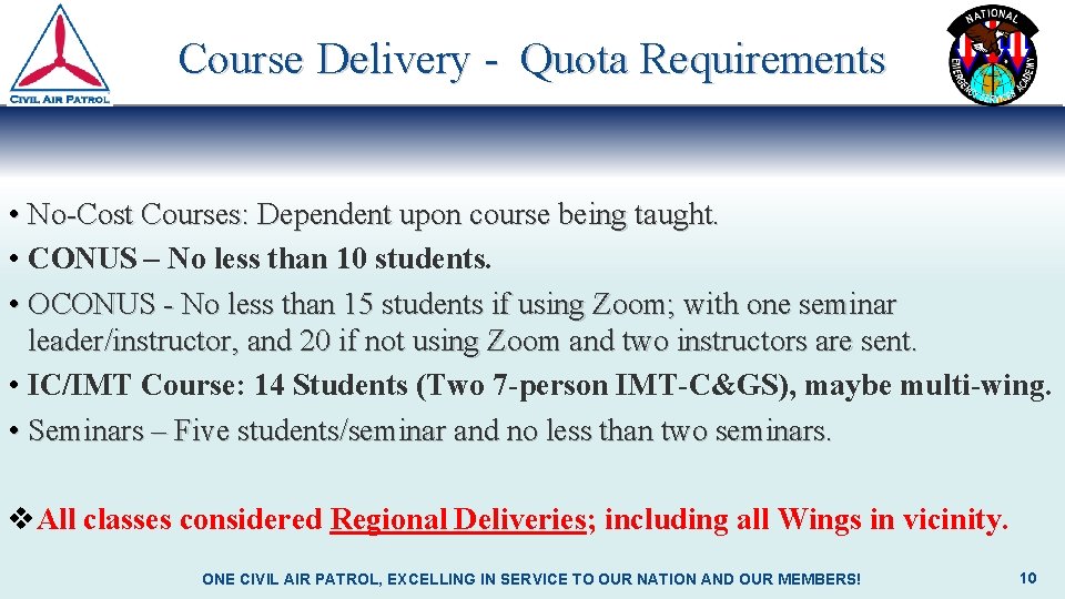 Course Delivery - Quota Requirements • No-Cost Courses: Dependent upon course being taught. • Course Delivery - Quota Requirements • No-Cost Courses: Dependent upon course being taught. •