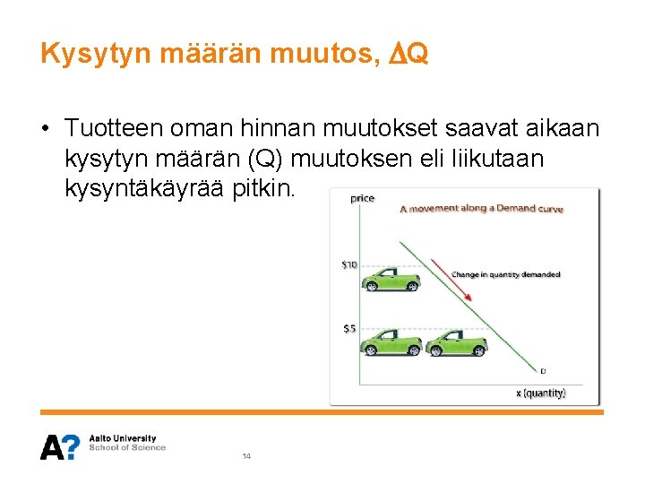 Kysytyn määrän muutos, Q • Tuotteen oman hinnan muutokset saavat aikaan kysytyn määrän (Q)