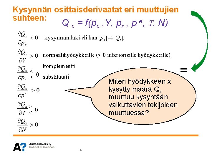 Kysynnän osittaisderivaatat eri muuttujien suhteen: e Q x = f(px , Y, pr ,