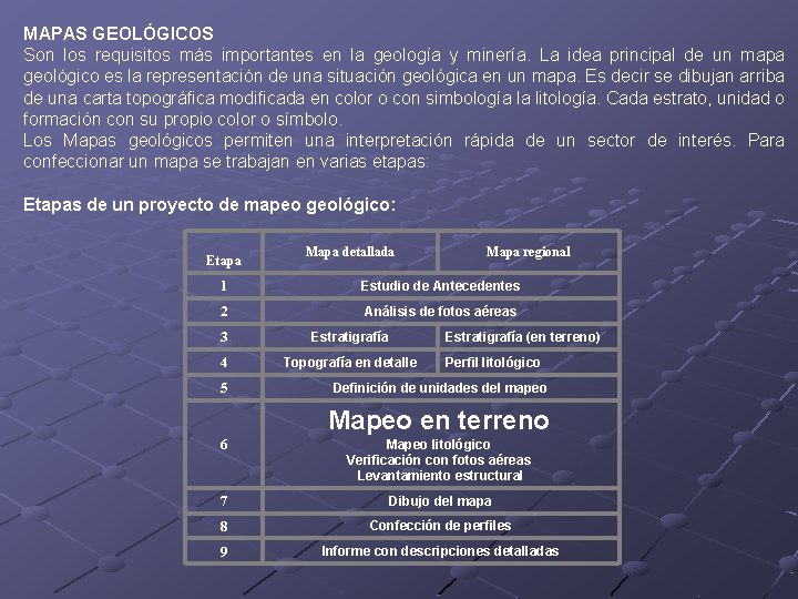 MAPAS GEOLÓGICOS Son los requisitos más importantes en la geología y minería. La idea