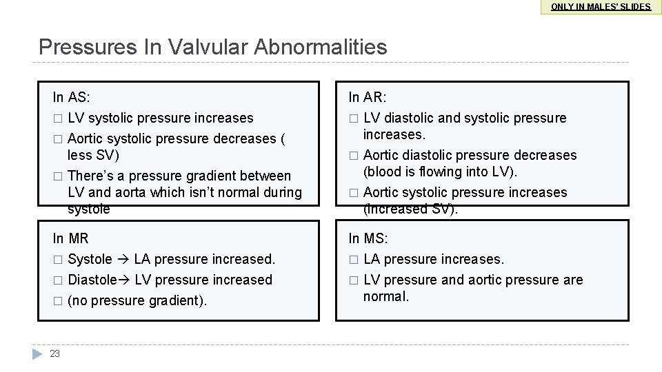 ONLY IN MALES’ SLIDES Pressures In Valvular Abnormalities In AS: � LV systolic pressure