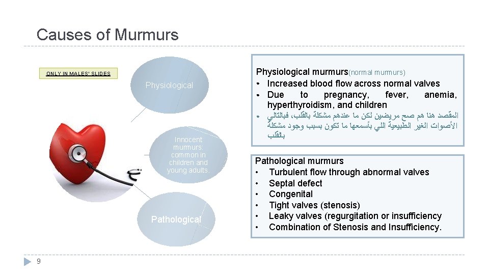 Causes of Murmurs ONLY IN MALES’ SLIDES Physiological Innocent murmurs: common in children and