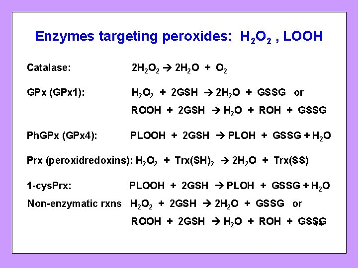 Enzymes targeting peroxides: H 2 O 2 , LOOH Catalase: 2 H 2 O