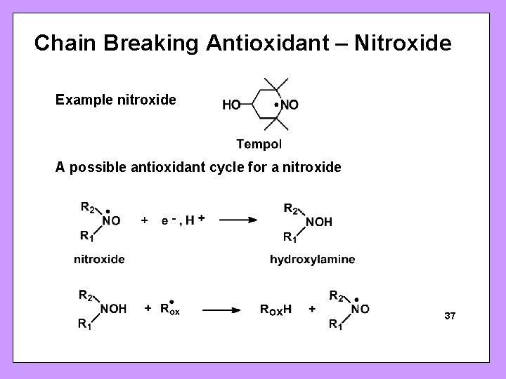 Chain Breaking Antioxidant – Nitroxide Example nitroxide A possible antioxidant cycle for a nitroxide