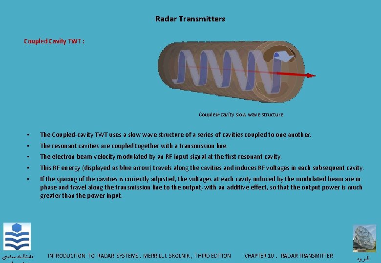 Radar Transmitters Coupled Cavity TWT : Coupled-cavity slow wave structure • The Coupled-cavity TWT