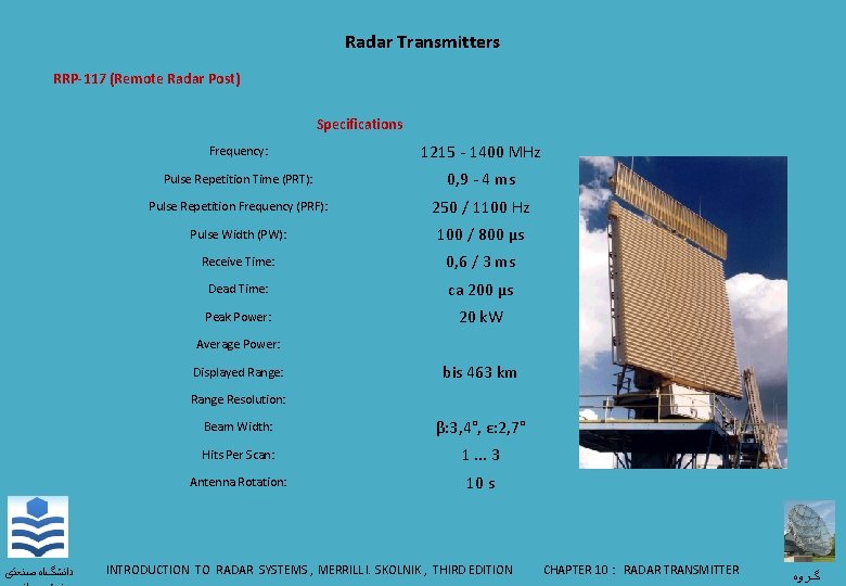 Radar Transmitters RRP-117 (Remote Radar Post) Specifications ﺩﺍﻧﺸگﺎﻩ ﺻﻨﻌﺘی Frequency: 1215 - 1400 MHz