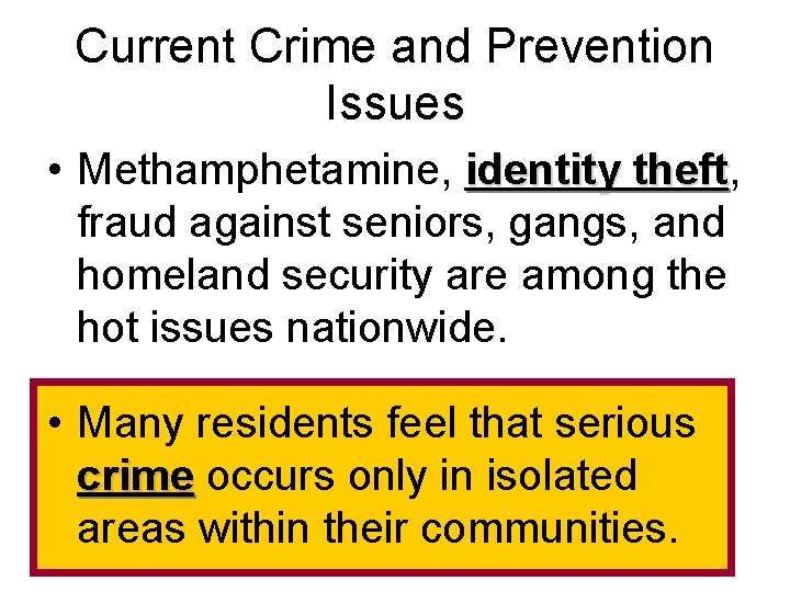 Current Crime and Prevention Issues • Methamphetamine, identity theft, theft fraud against seniors, gangs,