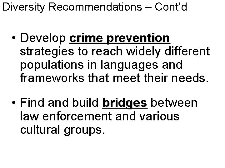 Diversity Recommendations – Cont’d • Develop crime prevention strategies to reach widely different populations