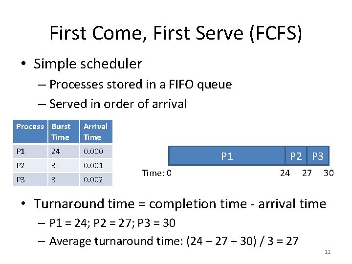 First Come, First Serve (FCFS) • Simple scheduler – Processes stored in a FIFO