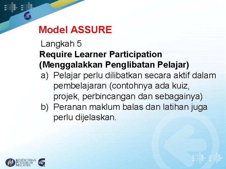 Model ASSURE Langkah 5 Require Learner Participation (Menggalakkan Penglibatan Pelajar) a) Pelajar perlu dilibatkan