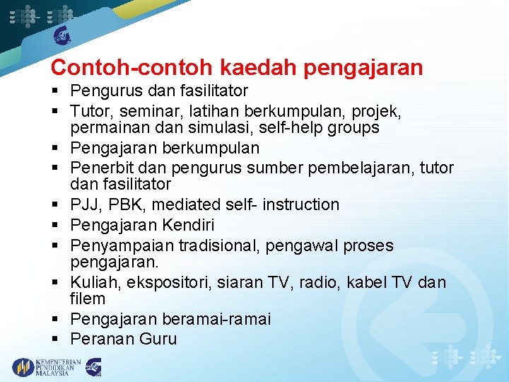 Contoh-contoh kaedah pengajaran § Pengurus dan fasilitator § Tutor, seminar, latihan berkumpulan, projek, permainan