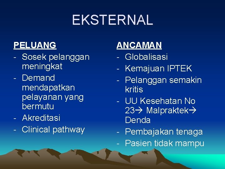 EKSTERNAL PELUANG - Sosek pelanggan meningkat - Demand mendapatkan pelayanan yang bermutu - Akreditasi EKSTERNAL PELUANG - Sosek pelanggan meningkat - Demand mendapatkan pelayanan yang bermutu - Akreditasi