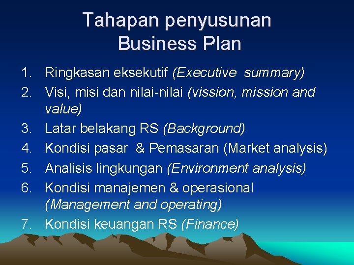 Tahapan penyusunan Business Plan 1. Ringkasan eksekutif (Executive summary) 2. Visi, misi dan nilai-nilai