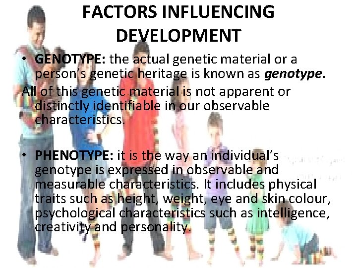 FACTORS INFLUENCING DEVELOPMENT • GENOTYPE: the actual genetic material or a person’s genetic heritage