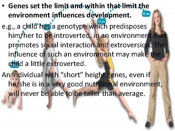  • Genes set the limit and within that limit the environment influences development.