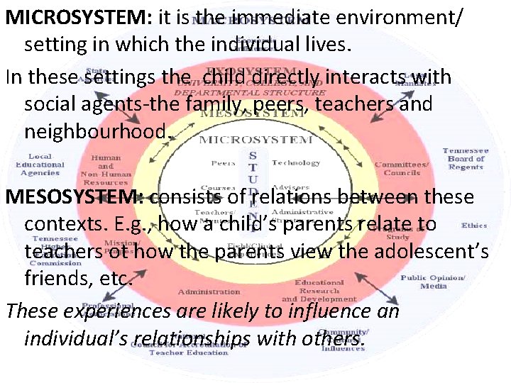 MICROSYSTEM: it is the immediate environment/ setting in which the individual lives. In these