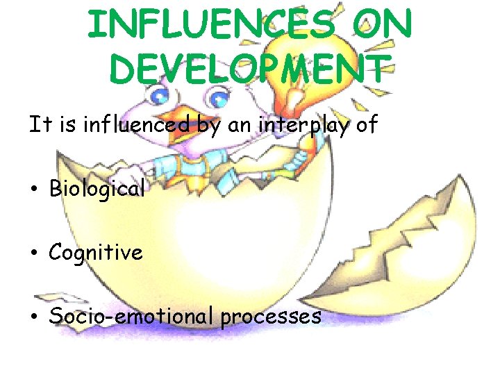 INFLUENCES ON DEVELOPMENT It is influenced by an interplay of • Biological • Cognitive