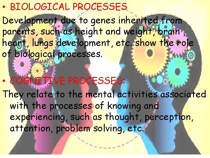  • BIOLOGICAL PROCESSES Development due to genes inherited from parents, such as height