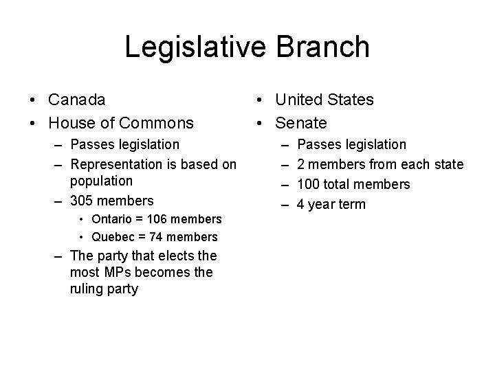 Legislative Branch • Canada • House of Commons – Passes legislation – Representation is