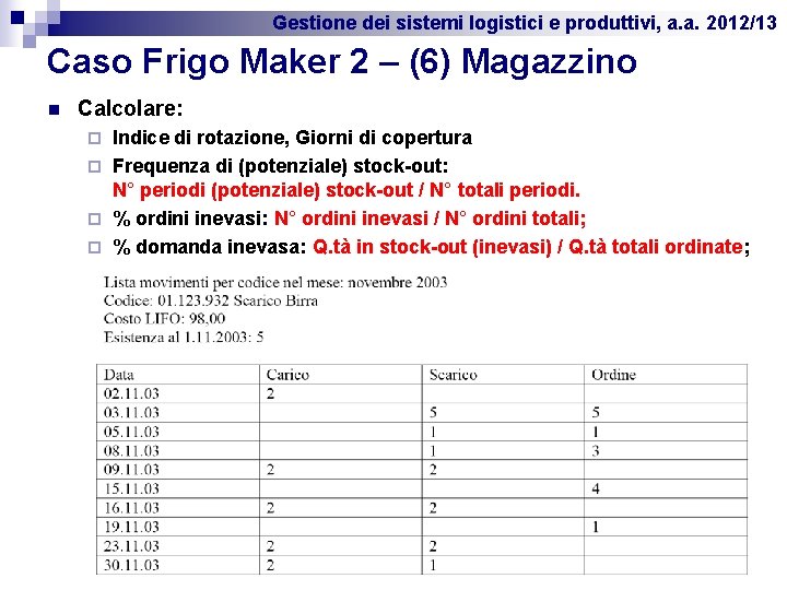 Gestione dei sistemi logistici e produttivi, a. a. 2012/13 Caso Frigo Maker 2 –