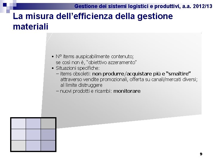 Gestione dei sistemi logistici e produttivi, a. a. 2012/13 La misura dell’efficienza della gestione