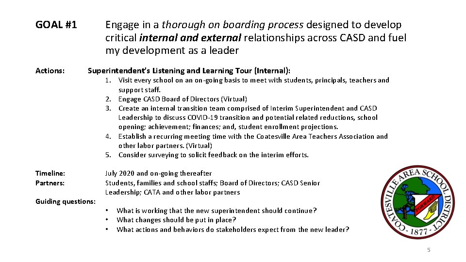 GOAL #1 Actions: Engage in a thorough on boarding process designed to develop critical GOAL #1 Actions: Engage in a thorough on boarding process designed to develop critical