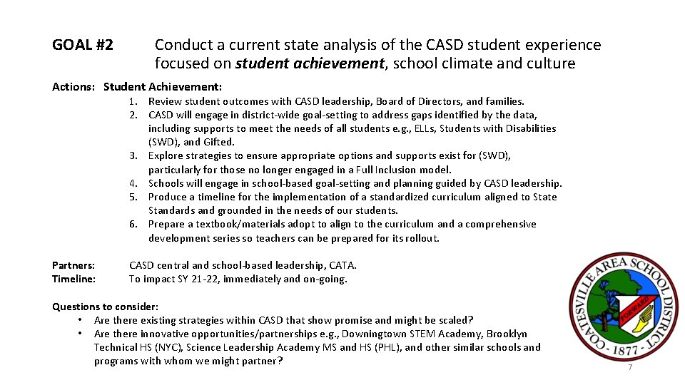 GOAL #2 Conduct a current state analysis of the CASD student experience focused on GOAL #2 Conduct a current state analysis of the CASD student experience focused on