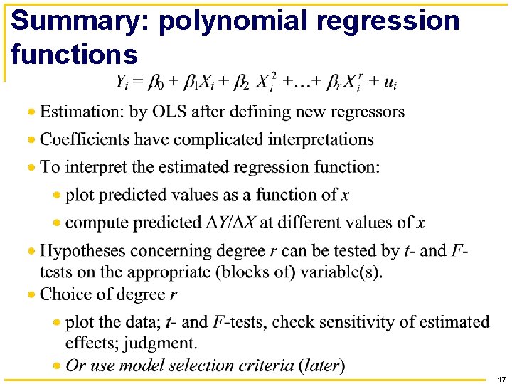 Summary: polynomial regression functions 17 
