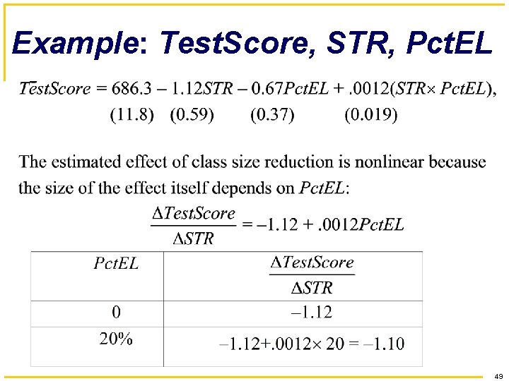 Example: Test. Score, STR, Pct. EL 49 