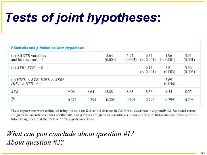 Tests of joint hypotheses: 56 