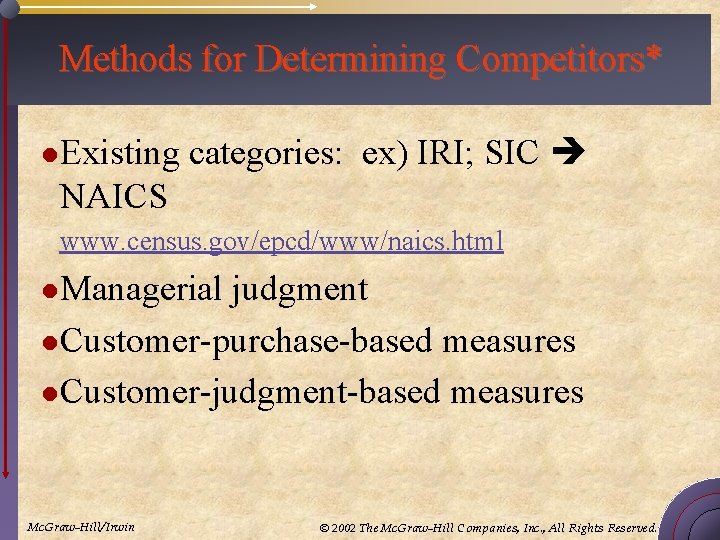 Methods for Determining Competitors* l. Existing categories: ex) IRI; SIC NAICS www. census. gov/epcd/www/naics.