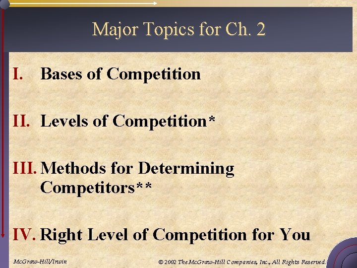 Major Topics for Ch. 2 I. Bases of Competition II. Levels of Competition* III.